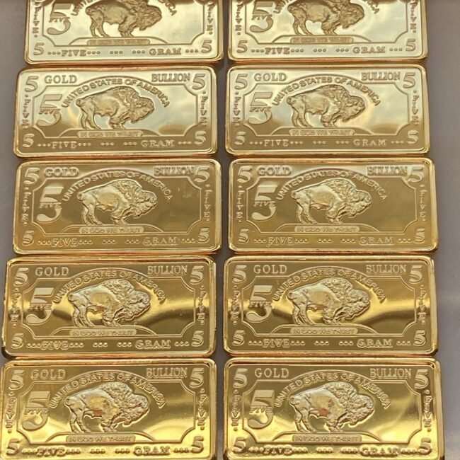 Lot of 10 - 5 GRAM 100 MILLLS GOLD BUFFALO BULLION BARS .999 FINE