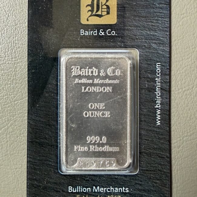 Rhodium 1 oz Bar -Baird & Co. 999.0 Fine Bullion Bar -Sealed Assay LMBA Vintage