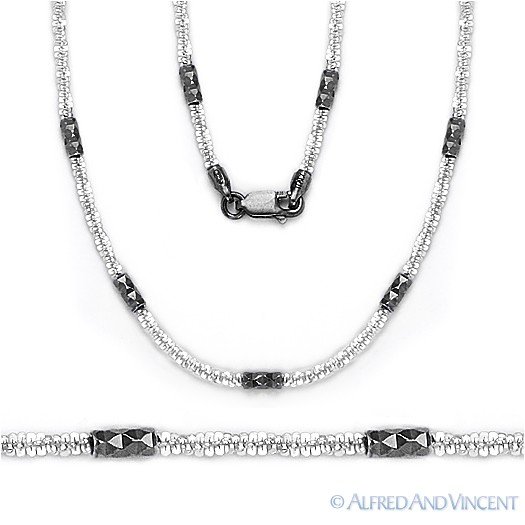 .925 Sterling Silver & Black Rhodium Roc Link & Bar Bead Italian Chain Necklace