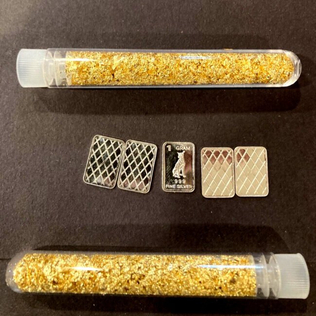 (10x) PURE .999 Silver Bars Bullion 2-Certified Gold BARS & 4 Vials Gold flakes