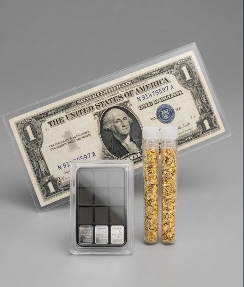 Valcambi 1g Silver Bar Display Case w/ 3 Bars, Gold Flake Vials & Silver Cert
