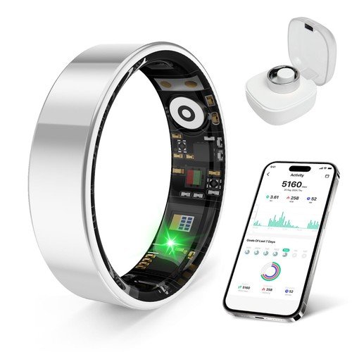Waterproof Fitness Tracker Ring with Stress & Sleep Monitoring - iOS/Android Com