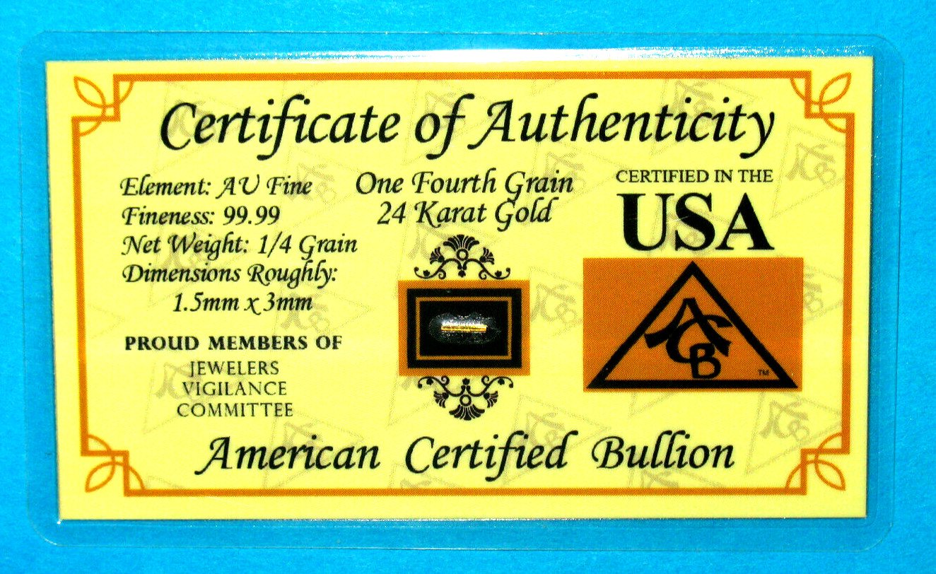 π 1 GOLD 1/2GRAIN 999 FINE BULLION BAR. ACB CERTIFICATE OF AUTHENTICITY.