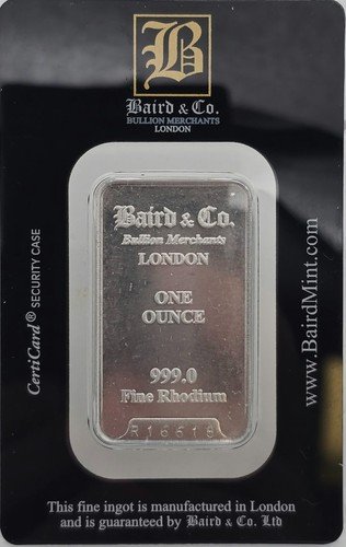 Baird & Co 1 oz Rhodium Bar 999.0 Fine CertiCard R16616 London Sealed