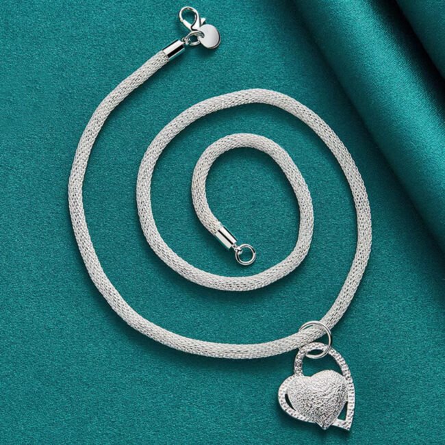 .925 Sterling Silver Mesh Chain Heart 18 in Pendant Necklace Gold Rhodium Plated