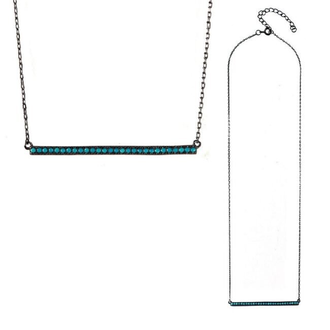 Sterling Silver Black Rhodium Plated Necklace w/ Turquoise Stones Bar Pendant