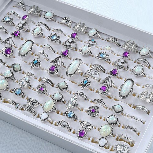 Wholesale 60pcs Bohemian Antique Tone Alloy Rings Vintage Women Retro Jewelry