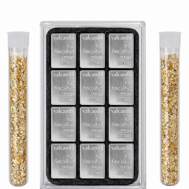 Valcambi 1g Silver Bar 12-Slot Display Case w/ 12 Bars & Gold Flake Vials