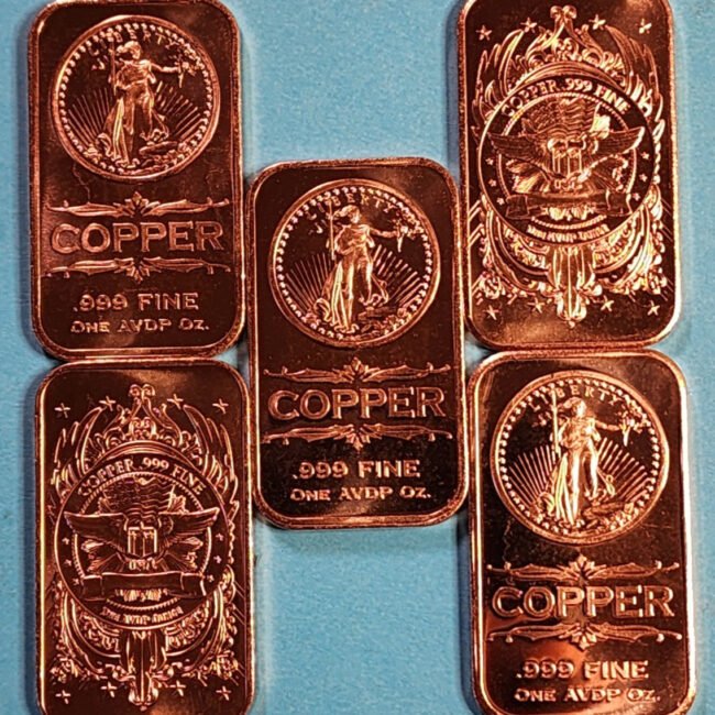 Lot of 5 - 1 oz "Saint Gaudens" Design - .999 Copper Bullion Bars Free Shipping