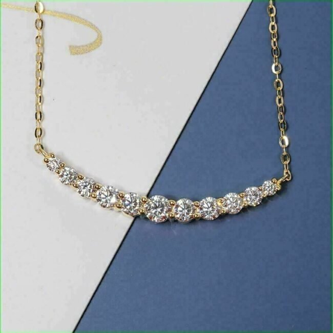 2Ct Real Moissanite Curved Bar Pendant Necklace 14K Yellow Gold Plated Silver