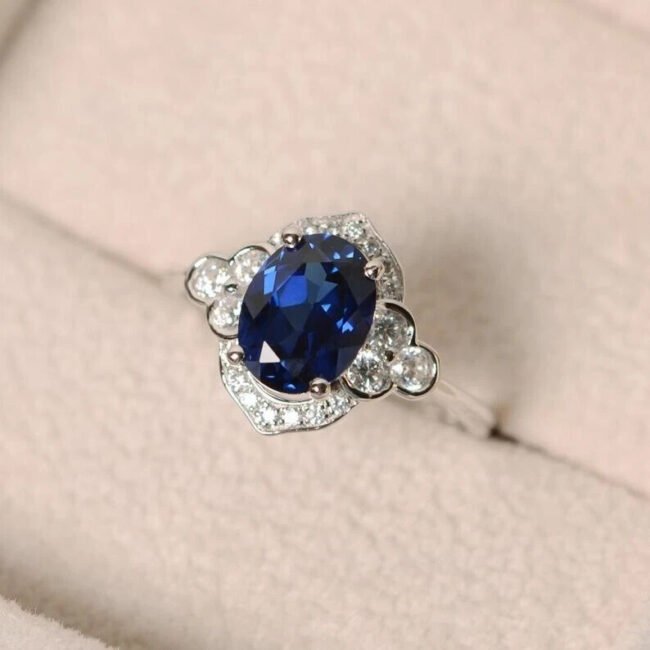 2.19 Ct Oval Cut Natural Sapphire Diamond Anniversary Ring 14K White Gold
