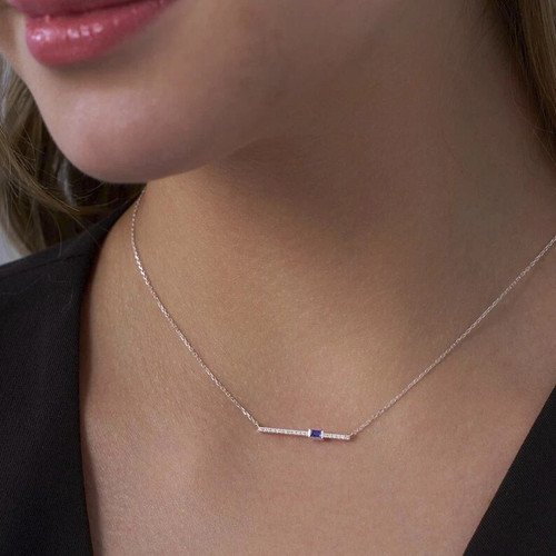 14K White Gold Over Sapphire & Diamond Vertical Bar Necklace L: 16, 17, 18" Adju
