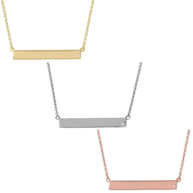 Sterling Silver 4 mm x 30 mm Engravable Bar Necklace w/ Small Diamond Stone